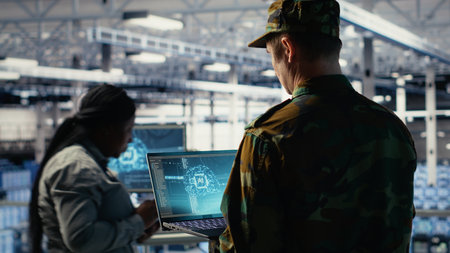 Soldier in engineering role uses AI application on laptop to manage server hub systems. Army commander reviews secret intelligence information using artificial intelligence in data center, camera Bの写真素材
