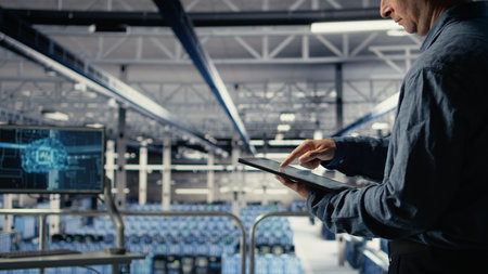 Server room employee checks data charts on tablet to monitor system health. System administrator...