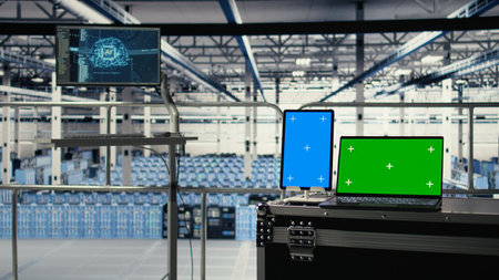 Green screen notebook and mockup tablet in industrial data center using artificial intelligence technology. Deep learning tech on isolated screen device and chroma key laptop in server roomの写真素材