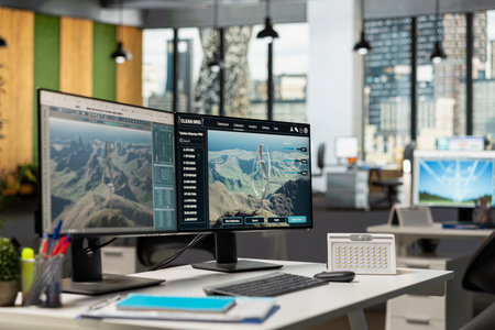 PC in empty office used to research next generation wind turbine technologies, accelerating clean energy adoption. Computer in RD workspace used to optimize aerodynamic design of VAWT turbineの写真素材