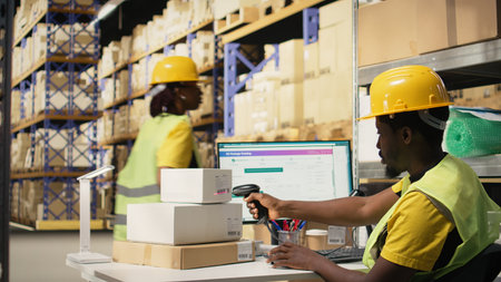 African american employee fixing tags and scanning barcode labels on boxes, registering the...
