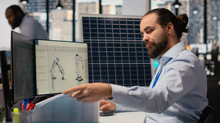 RD department researcher looking over documentation files to study solar green energy systems. Engineer using CAD software on PC to improve photovoltaics carbon footprint, camera Bの写真素材
