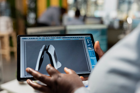 Close up of product designer in office using digital tablet to creating compact solar gadget....