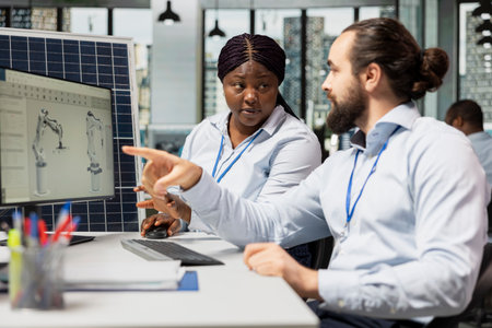 Team of researchers working for renewable energy company brainstorming solar panel designs. Teamworking colleagues using CAD software to manufacture eco solar panel assembly workflowsの写真素材