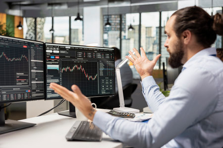 Proprietary firm day trader surprised by stock market shares price drop affecting positions. Forex...