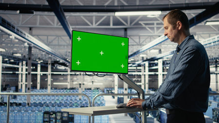 IT expert monitors server farm activity using green screen workstation. Data center system...