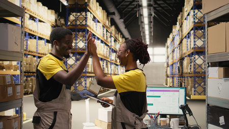 African american staff checking inventory and shipment details before applying awb tags. Large scale...