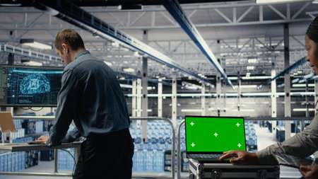 Data center technician monitors deep learning process with green screen laptop, reviewing...