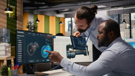 Team of engineers using CAD app to make wind turbine more sustainable, reducing carbon footprint....