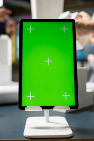 Close up of isolated green screen in an architect office space, 3D building models analyzed and...