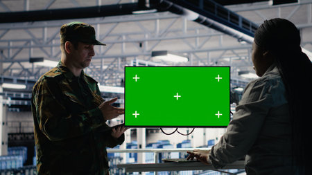Server room army experts deploy AI tech on green screen PC to modernize defense. Military server...