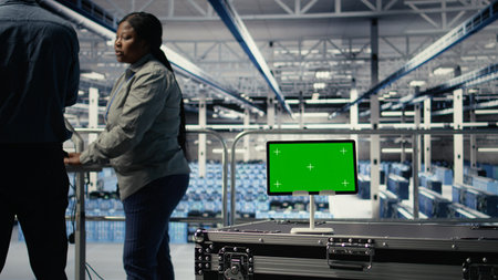 Data center IT professionals check AI dashboard using isolated screen tablet. Server room developers...