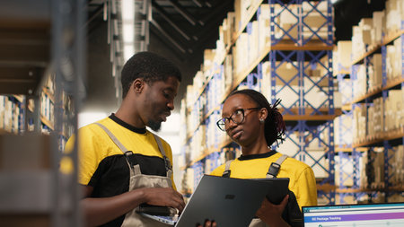 Black workers team preparing merchandise for dispatch in large warehouse, checking inventory on gadgets and managing cargo distribution. Sorting packages for orders logistics. Camera B.の写真素材
