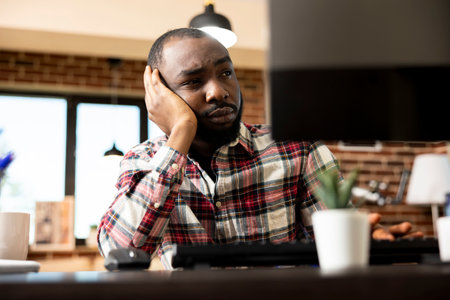 African american male entrepreneur shows low energy, lack of motivation and disinterest in business tasks. Tired remote worker sitting at desk, holding head with hand and staring at desktop monitor.の写真素材