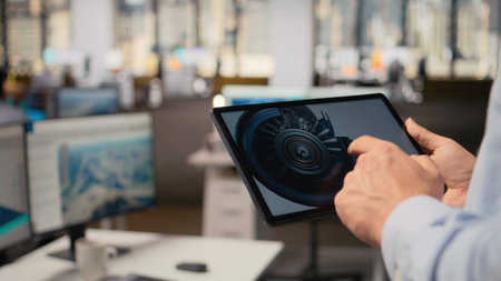 Close up of researcher analyzing turbine component on tablet to maximize sustainability. CAD designer uses app on device to refine blade aerodynamics, boosting clean energy output, camera Aの写真素材