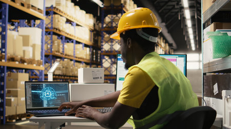 Guy using AI and scanner on awb shipping labels for tracking info with brain automation, package...