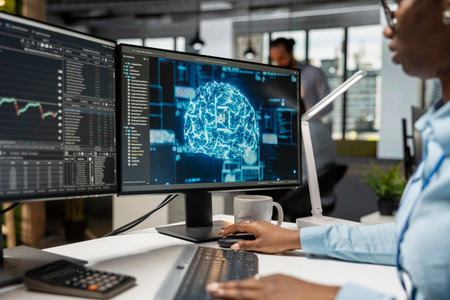 Trader in office utilizing AI LLM chatbot for instant market analysis and trading tips. Financial expert integrating AI analytics to monitor and react to global financial newsの写真素材