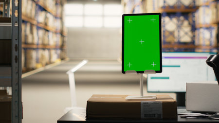 Industrial huge warehouse with mockup copy space on a tablet, storage room space featuring big racks, barcode scanner and package tracking software. Order fulfillment e-commerce shipment.の写真素材