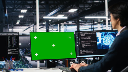 Technician in data center coding with generative AI assistance on green screen PC. IT specialist...