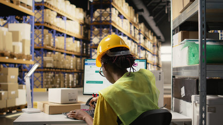 African american female in hi vis vest scanning barcodes for parcel shipment, ensuring shipping labels tracking info. Woman with helmet verifying cargo information for distribution. Camera A.の写真素材