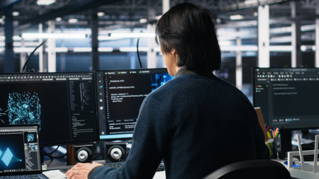 Software developer entering server room office, using AI to review infrastructure diagnostics....
