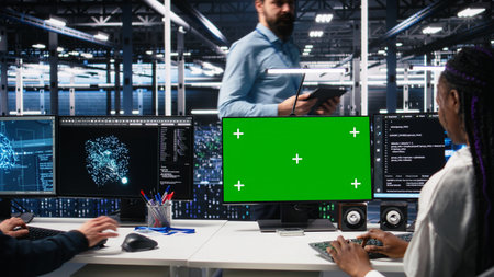 Data center engineers managing AI systems for uptime and efficiency using chroma key PC. Teamworking IT specialists using artificial intelligence on green screen computer in server hub, camera Aの写真素材