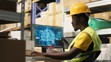 African american employee scanning barcodes for AI generated tracking software, using scanner to...