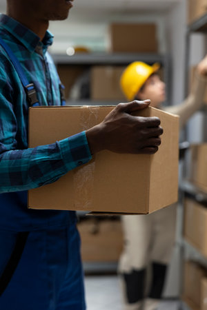 African american worker in logistics center manages product delivery, quality control for shipping...