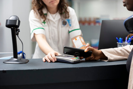 Close up of black woman using mobile phone for NFC payment at POS terminal during checkout operation, buying prescription drugs and health products with the help of a professional pharmacist.の写真素材