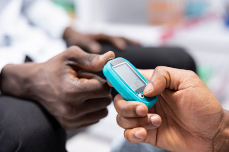 Close up of medic expert using glucometer for sugar level measurements, checking the insulin levels...