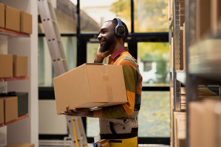 African american clerk enjoys listening to tunes while he organizes packages on shelving units,...