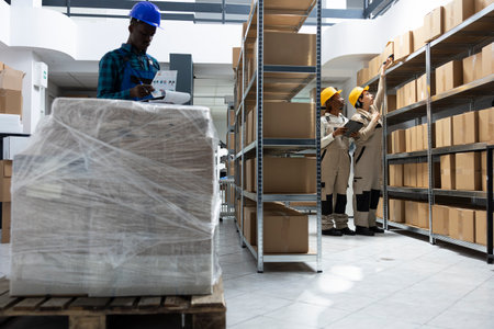 Staff performing manual labor tasks in a busy industrial warehouse, managing product dispatch,...