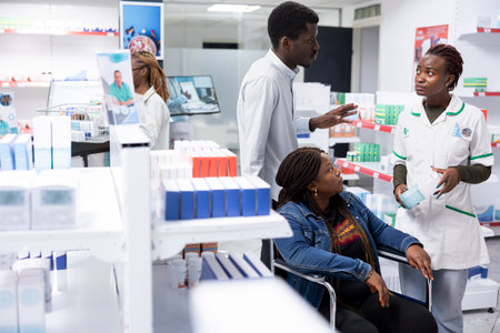 African American health expert advising a woman with impairment about prescription drugs use or medication dosage, pharmaceutical service during a pharmacy retail visit focused on health.の写真素材