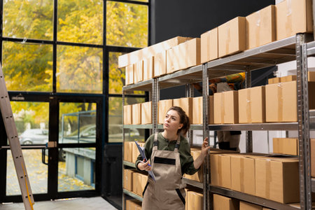 Employee focused on parcel preparation and logistics with list on clipboard, product handling and shipment service for e-commerce, drop shipping and express delivery. In house operations.の写真素材