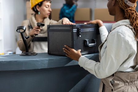 Group of employees overseeing manufacturing process and scanning orders. Factory operations depending on accurate registration, transportation systems and logistics management.の写真素材