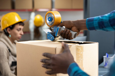 Employee applies adhesive tape to pack boxes with air waybill and tracking numbers. African american...