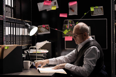 Senior private law agent evaluating case files and records in incident room, reviewing surveillance...