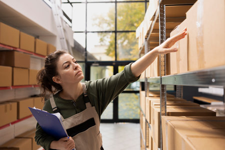 Female employee working with parcels and pallets in a small facility, supporting e-business shipment...