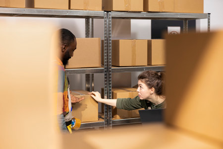 Small scale depot workers overseeing in house inventory operations, managing storage of parcels and...
