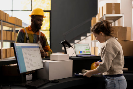 Workers team in a small scale depot facility handling parcel preparation and packaging, supporting...