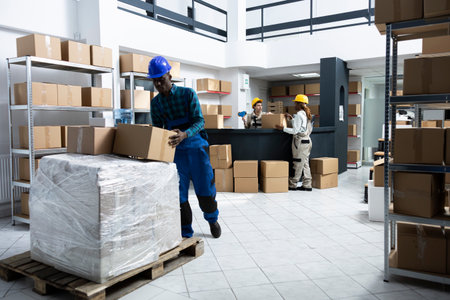 Manufacturing warehouse diverse staff managing cargo packages, order control and transportation for...