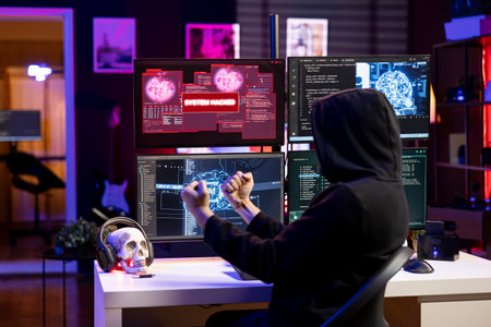 Happy hacker doing covert operations celebrating after managing to bypass advanced security. Rogue...