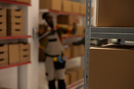 Out of focus shot of african american worker answering dispatch call on phone in a small scale...