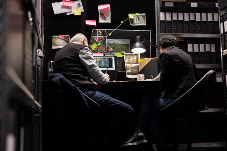 Detective team analyzing case files and documents to uncover connections between suspects in an...