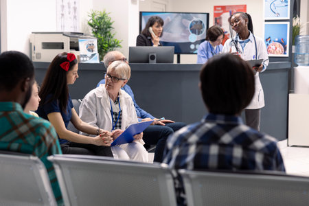 Portrait of diverse patients sitting in hospital lobby before doctors appointments. Elderly female...
