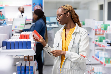 Pharmacy customer looking at shelves filled with prescription medicines, capsules and vitamins in a pharmacy shop. Reviewing dosage, care and pharmacist service for self care.の写真素材