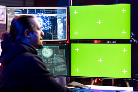 Hacker doing covert operations using green screen PC to bypass advanced security barriers. Rogue...