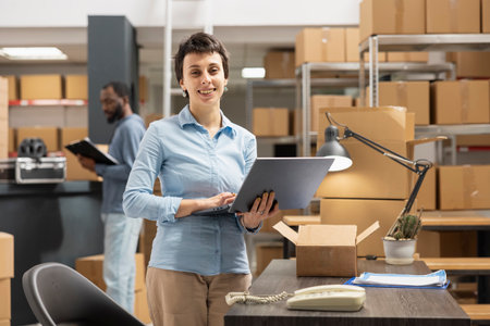 Warehouse employee using laptop to coordinate orders and ensure the distribution activity, small...