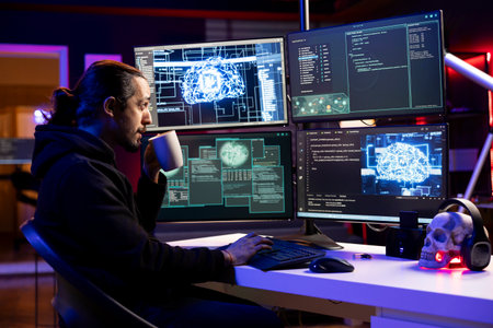 Hacker drinking coffee, installing spyware with AI to secretly gather data about user activity....