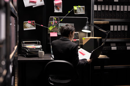 Woman law officer gathering intelligence for a secret operation case, linking photos and classified documents on a board while tracing illegal activity and pursuing a suspect in criminal case.の写真素材